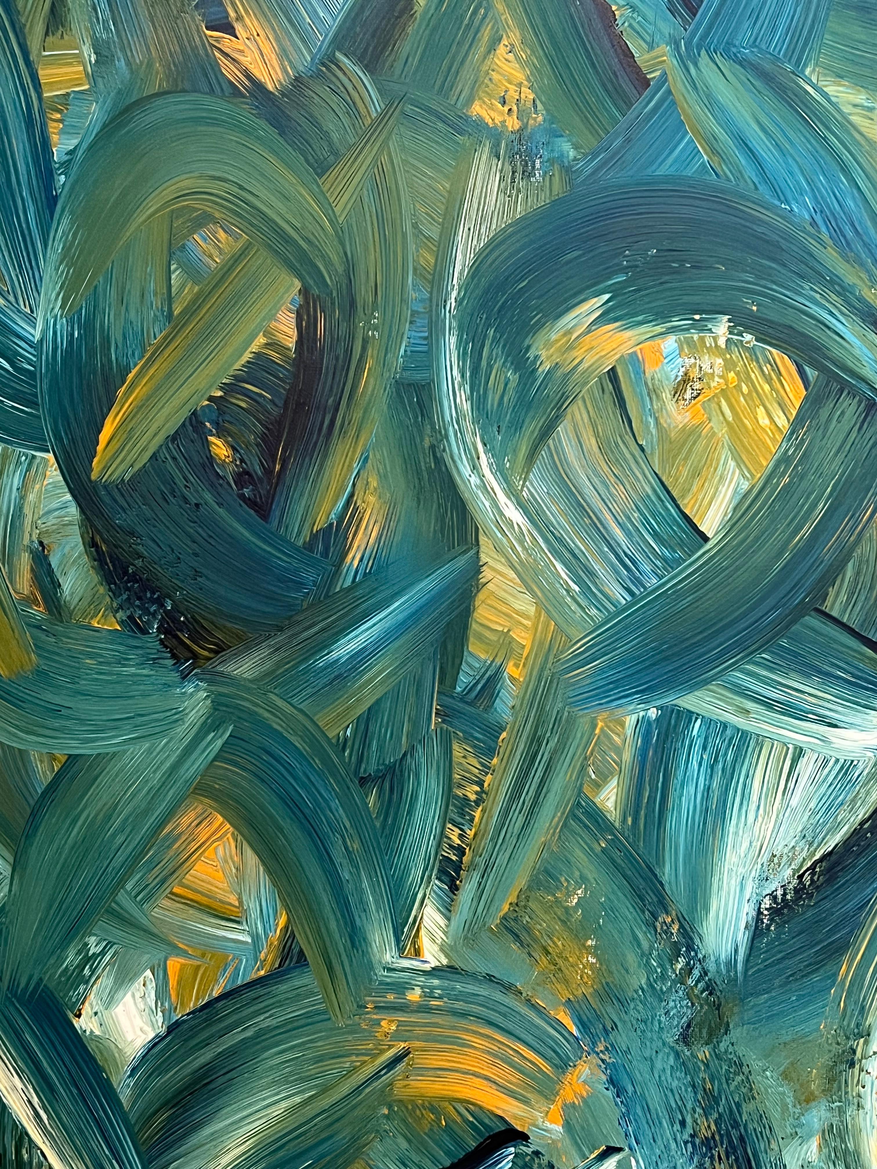 Remolino azul y verde abstracto
de Sally Bradshaw (británica, nacida en 1962)
verso firmado
31 x 39 pulgadas
pintura acrílica sobre lienzo

Descripción: Este cautivador óleo expresionista abstracto es un festín visual de movimiento y color, con