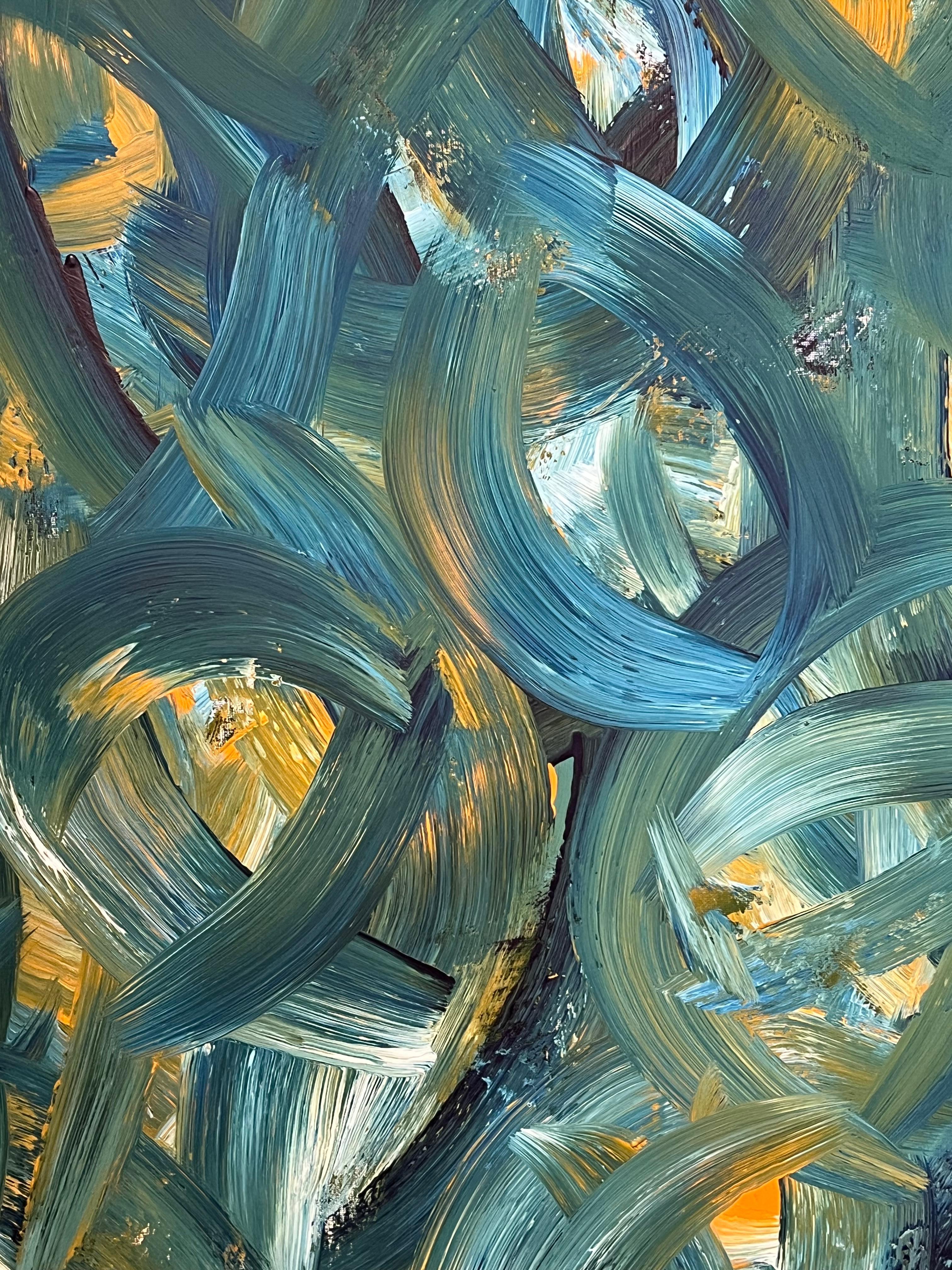 Pintura Abstracta Británica Contemporánea Pinceladas Atrevidas en Azul Cerceta y Amarillo en venta 1