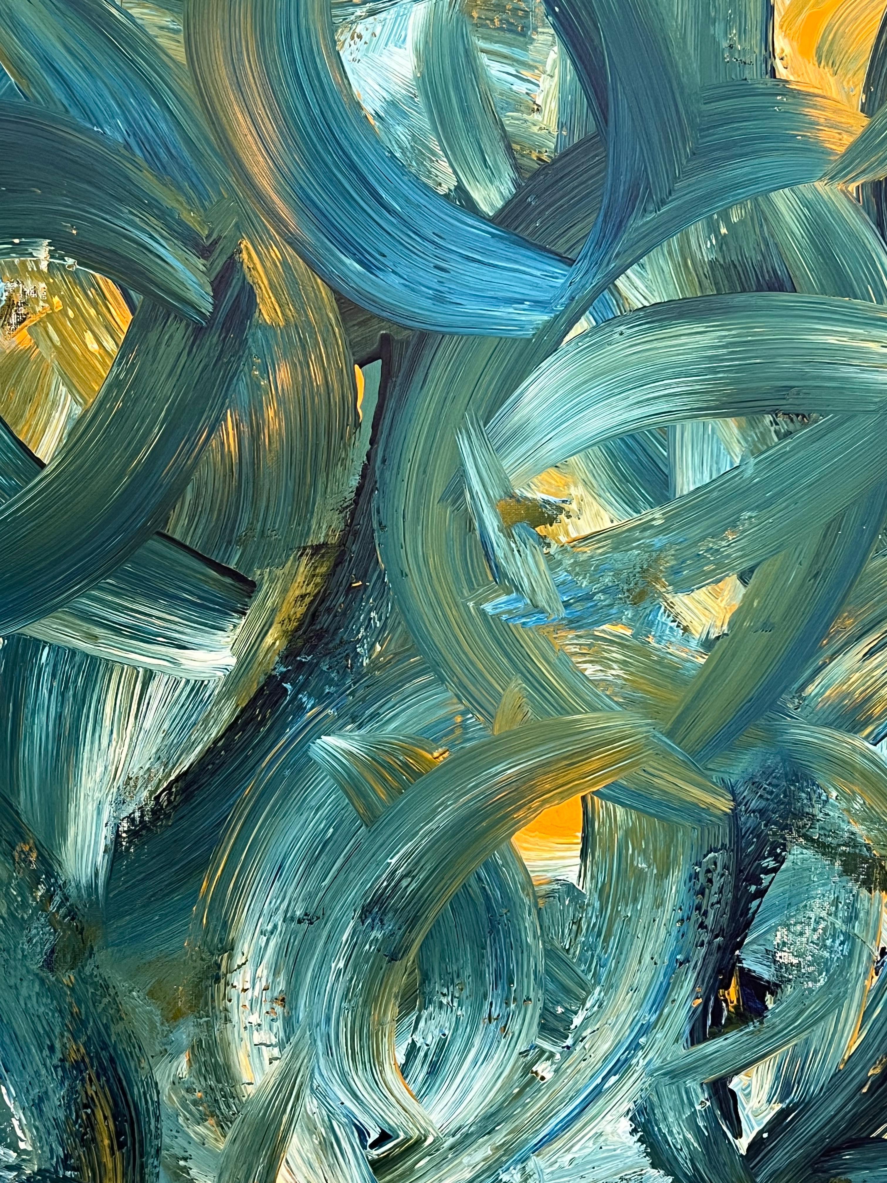 Pintura Abstracta Británica Contemporánea Pinceladas Atrevidas en Azul Cerceta y Amarillo en venta 2