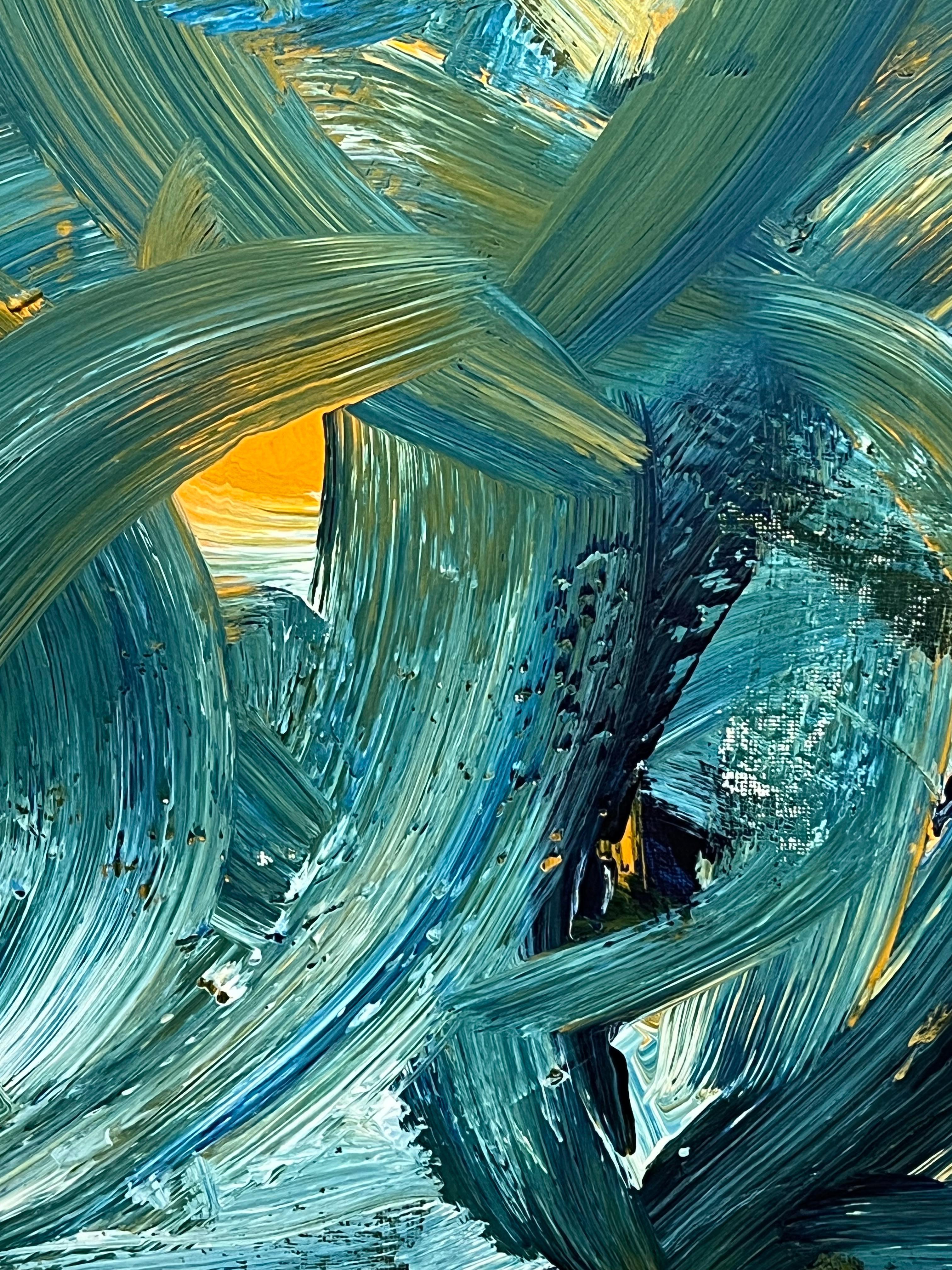 Pintura Abstracta Británica Contemporánea Pinceladas Atrevidas en Azul Cerceta y Amarillo en venta 3