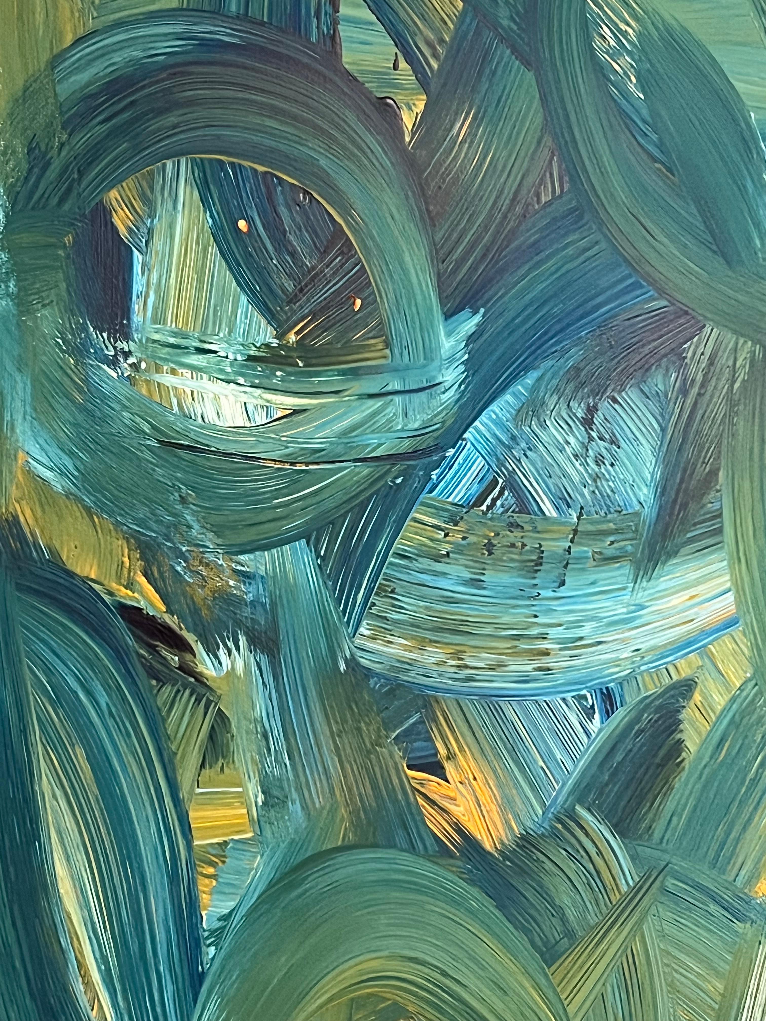 Pintura Abstracta Británica Contemporánea Pinceladas Atrevidas en Azul Cerceta y Amarillo en venta 4
