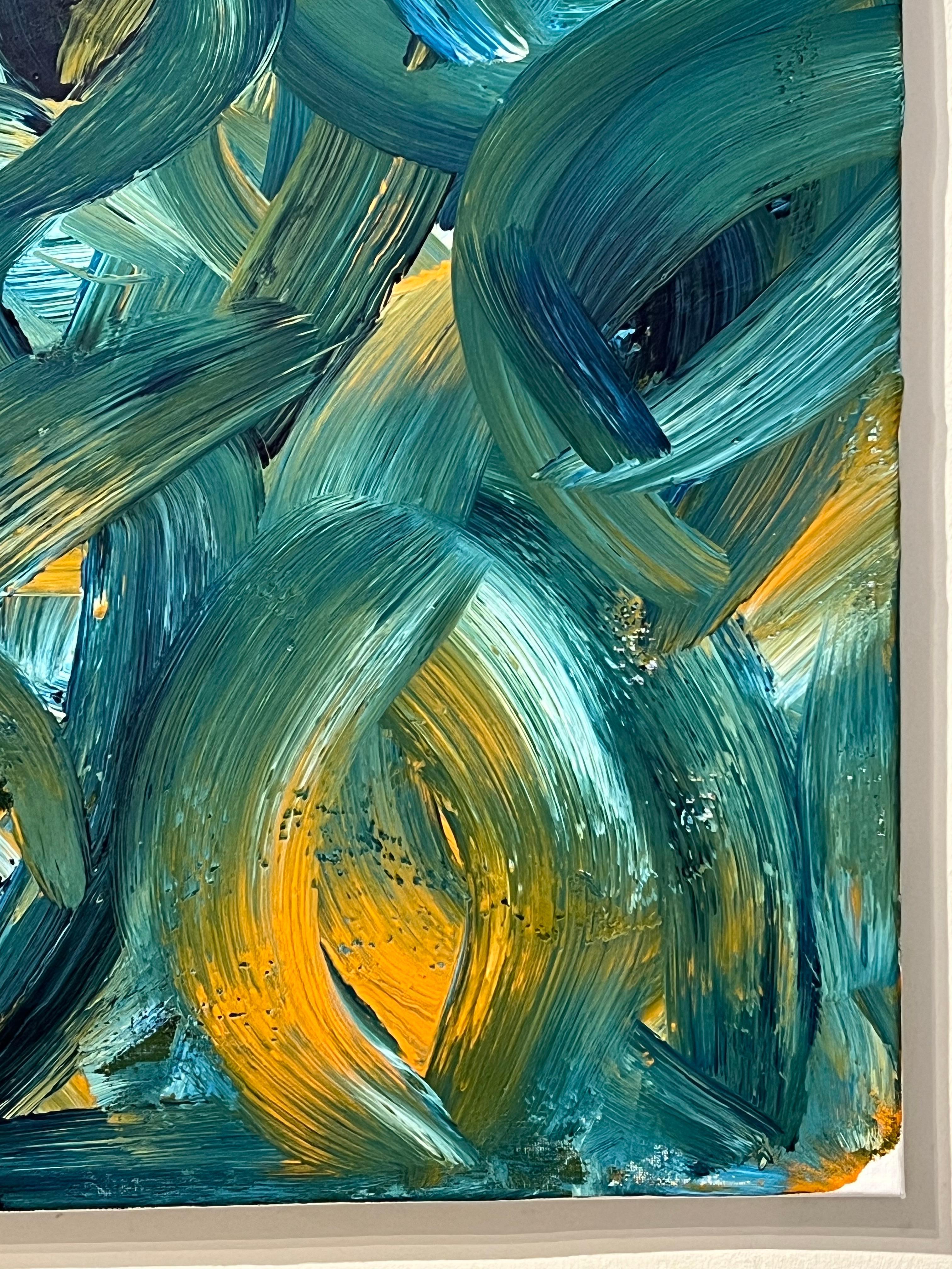 Pintura Abstracta Británica Contemporánea Pinceladas Atrevidas en Azul Cerceta y Amarillo en venta 5