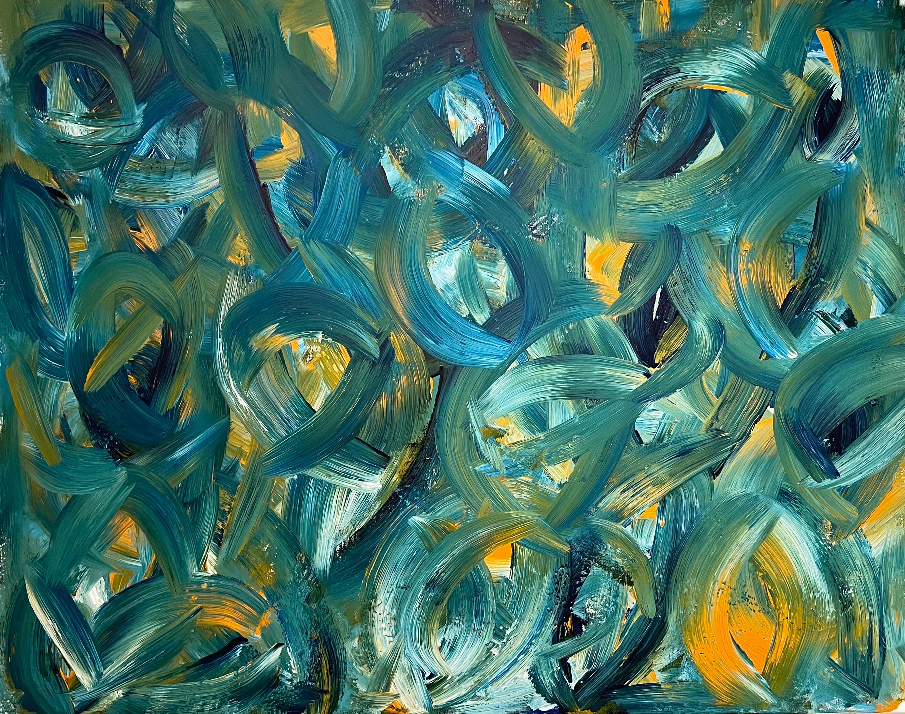 Abstract Painting de Sally Bradshaw - Pintura Abstracta Británica Contemporánea Pinceladas Atrevidas en Azul Cerceta y Amarillo