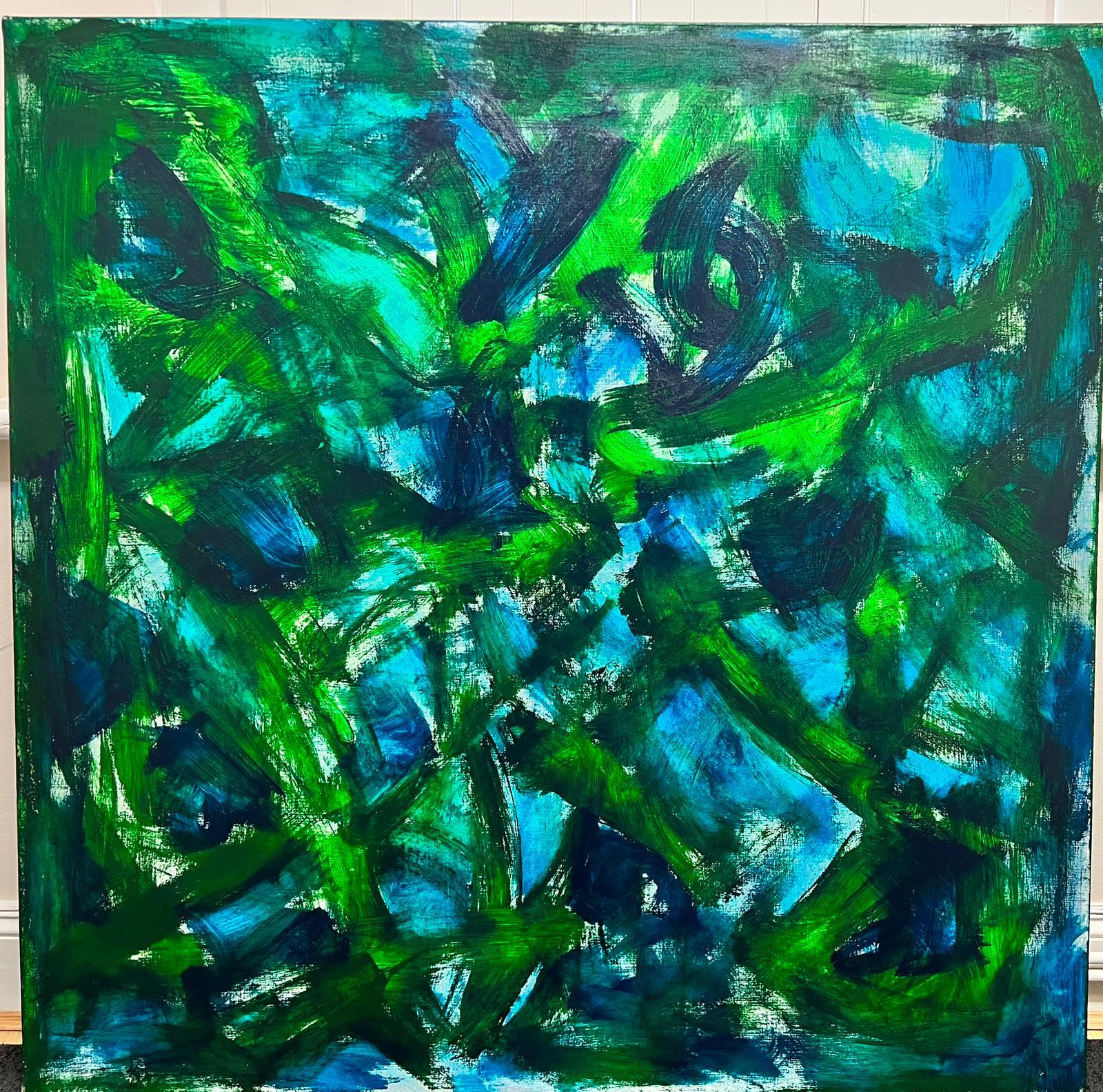 CONTEMPORARY BRITISH ABSTRACT HUGE PAINTING - Green and Blues - Painting by Sally Bradshaw
