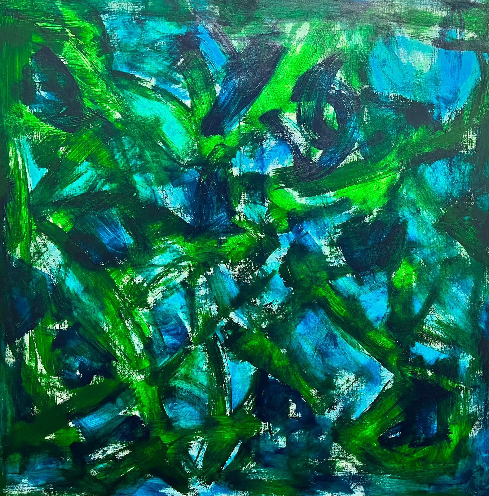 Sally Bradshaw Abstract Painting - CONTEMPORARY BRITISH ABSTRACT HUGE PAINTING - Green and Blues