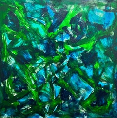 Peinture abstraite marocaine contemporaine vert et bleu