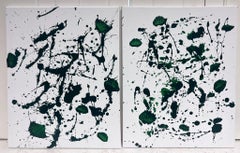 Dos Cuadros Expresionistas Abstractos Verde  Blanco Pinturas Británicas Contemporáneas