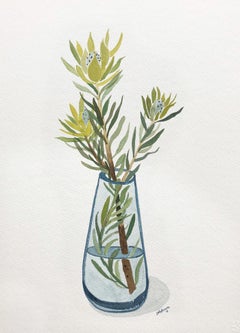 Chartreuse Leucadendron in Blue Glass