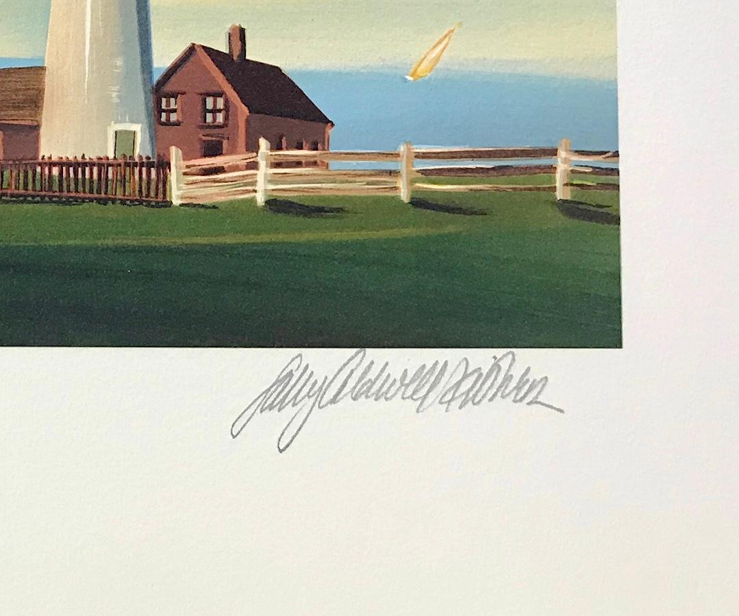 Lithographie signéeDAILY CHORES, Été de Nouvelle-Angleterre, phare à vue d'océan - Bleu Figurative Print par Sally Caldwell-Fisher