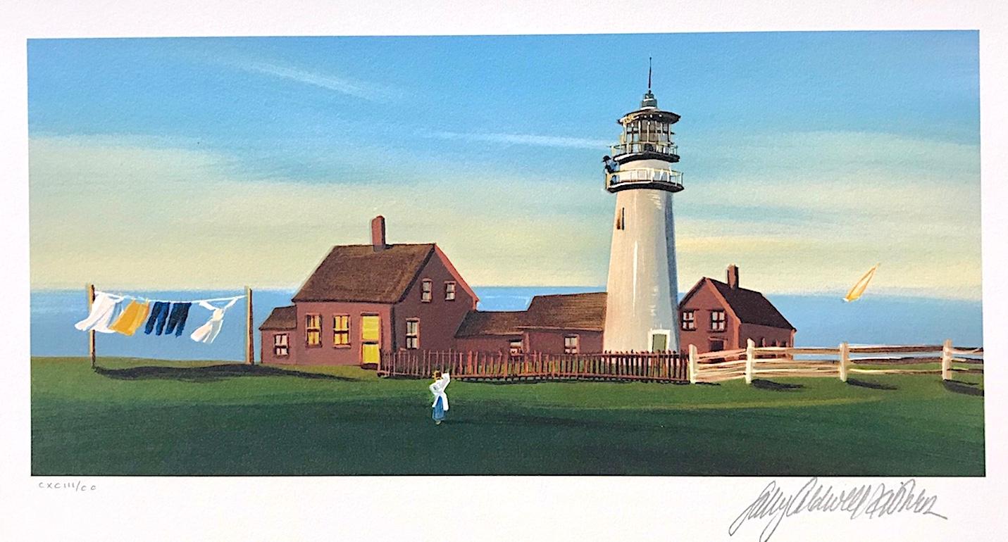 DAILY CHORES Signed Lithograph, New England Summer, Ocean View Lighthouse - Print by Sally Caldwell-Fisher