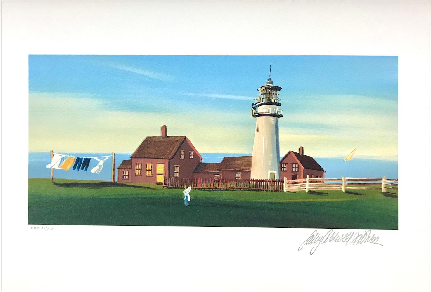 Figurative Print Sally Caldwell-Fisher - Lithographie signéeDAILY CHORES, Été de Nouvelle-Angleterre, phare à vue d'océan