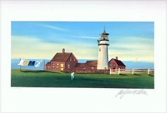 Lithographie signéeDAILY CHORES, paysage de bord de mer, phare, Nouvelle-Angleterre