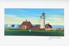 DAILY CHORES Signed Lithograph, Seaside Landscape, Lighthouse, New England