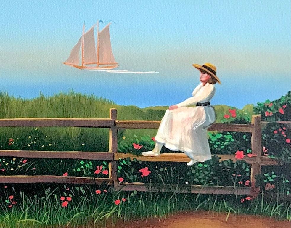 DREAMING Litografía firmada, Paisaje marino, Mujer de Nueva Inglaterra, Barco - Print Contemporáneo de Sally Caldwell-Fisher