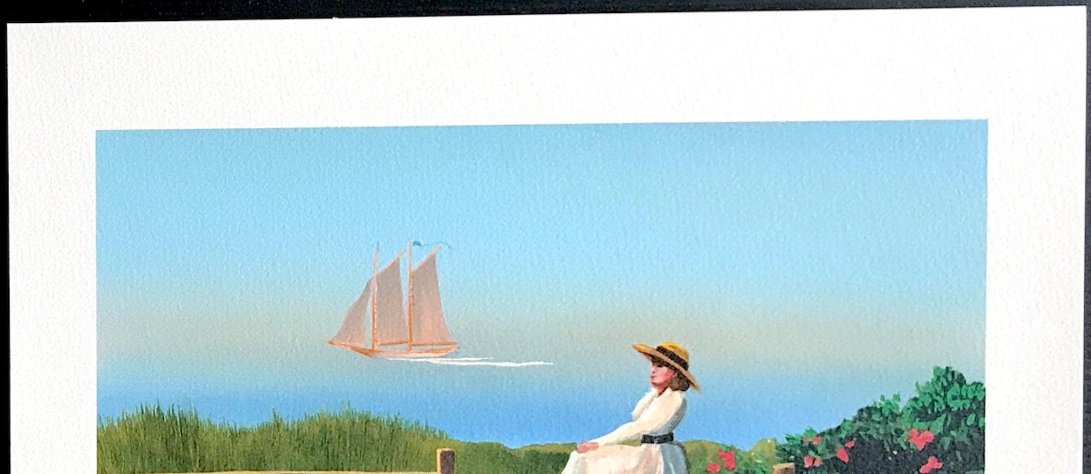 DREAMING Litografía firmada, Paisaje marino, Mujer de Nueva Inglaterra, Barco en venta 1