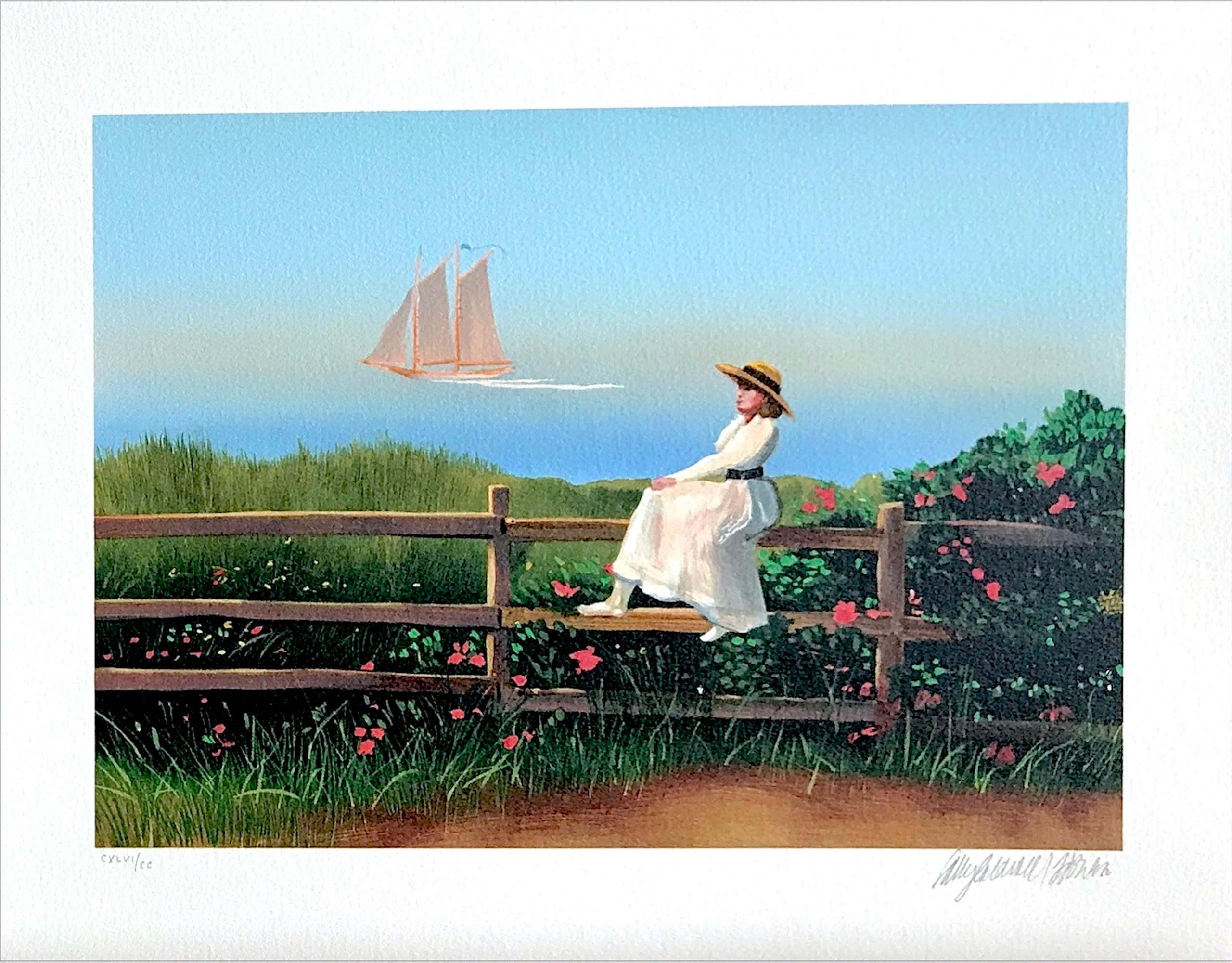 DREAMING Signed Lithograph, Seaside Landscape, New England Woman, Boat