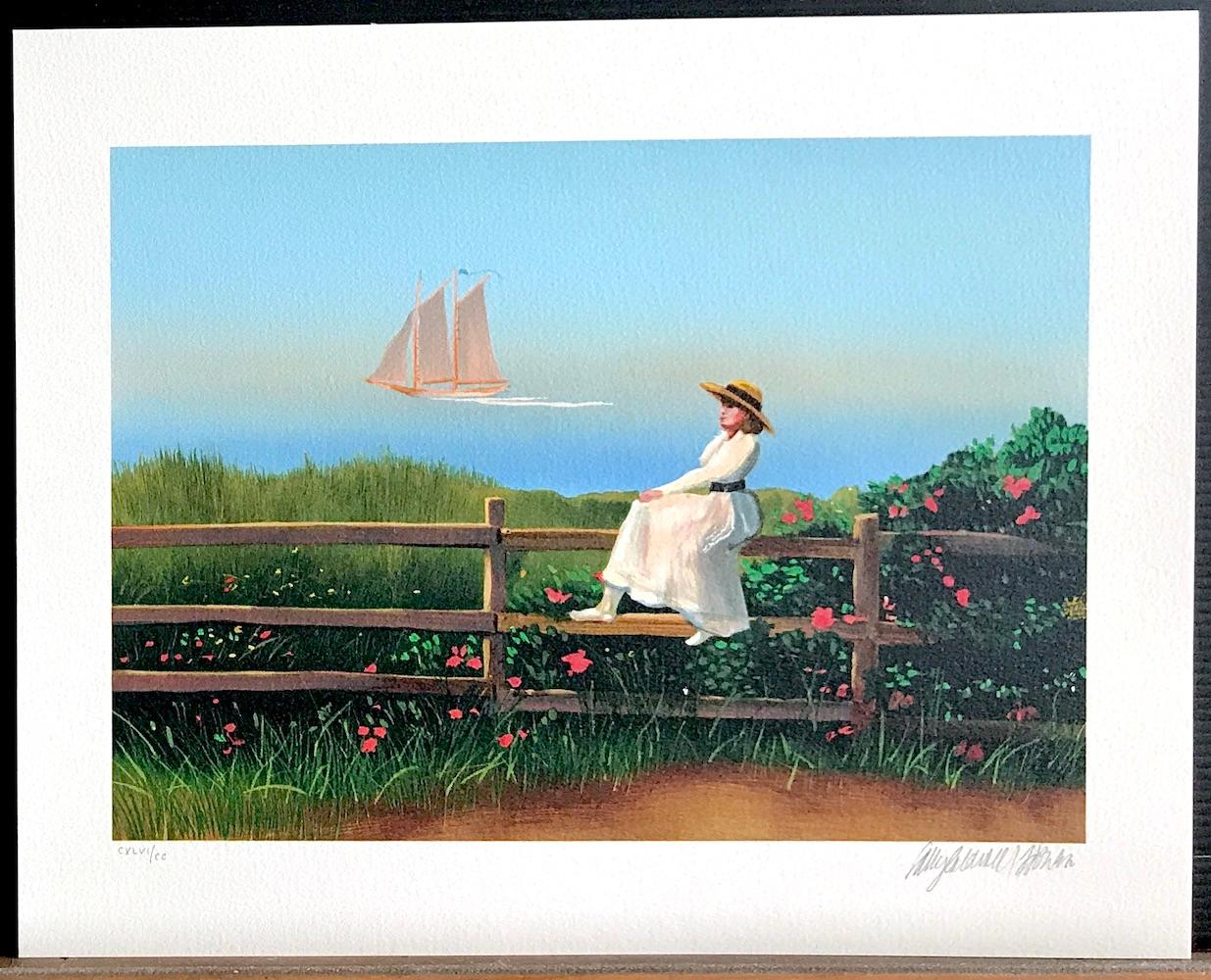 DREAMING Litografía firmada, Paisaje marino, Mujer de Nueva Inglaterra, Barco en venta 3