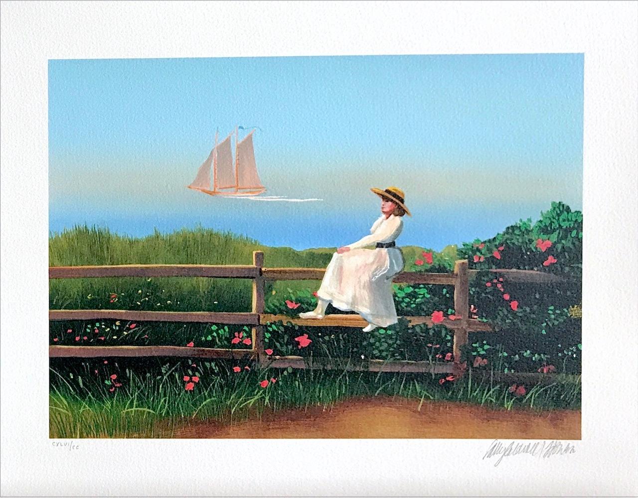 DREAMING Signierte Lithographie, Frau sitzt auf Zaun, Sommer in Neuengland, Segeln