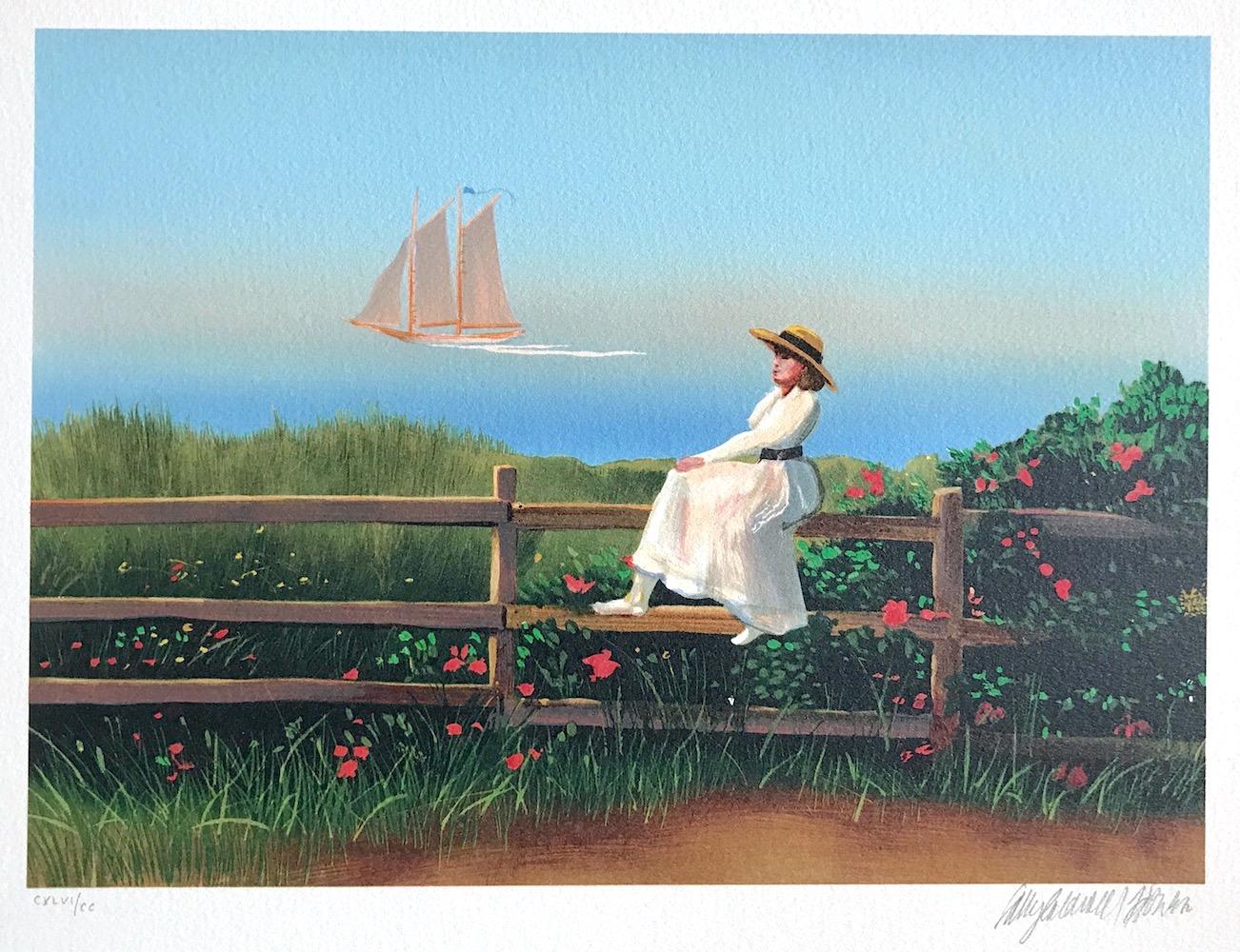 Lithographie signée DREAMING, Femme assise sur une clôture, Été de Nouvelle-Angleterre, Voileterre - Print de Sally Caldwell-Fisher
