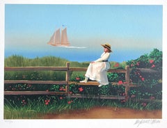 DREAMING Signed Lithograph, Seaside Landscape, New England Woman, Boat