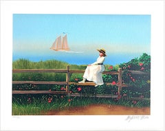 DREAMING Signed Lithograph, Young Woman White Dress, New England Summer, Sailing