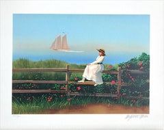 DREAMING Signed Lithograph, Woman Sitting on Fence, New England Summer, Sailing