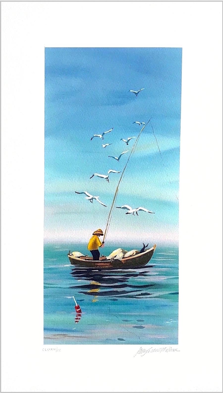 Sally Caldwell-Fisher Landscape Print - EARLY CATCH Signed Lithograph, New England Fisherman, Small Boat Print, Seagulls