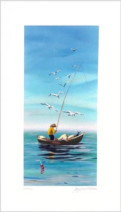 Vintage EARLY CATCH Signed Lithograph, New England Fisherman, Small Boat Print, Seagulls