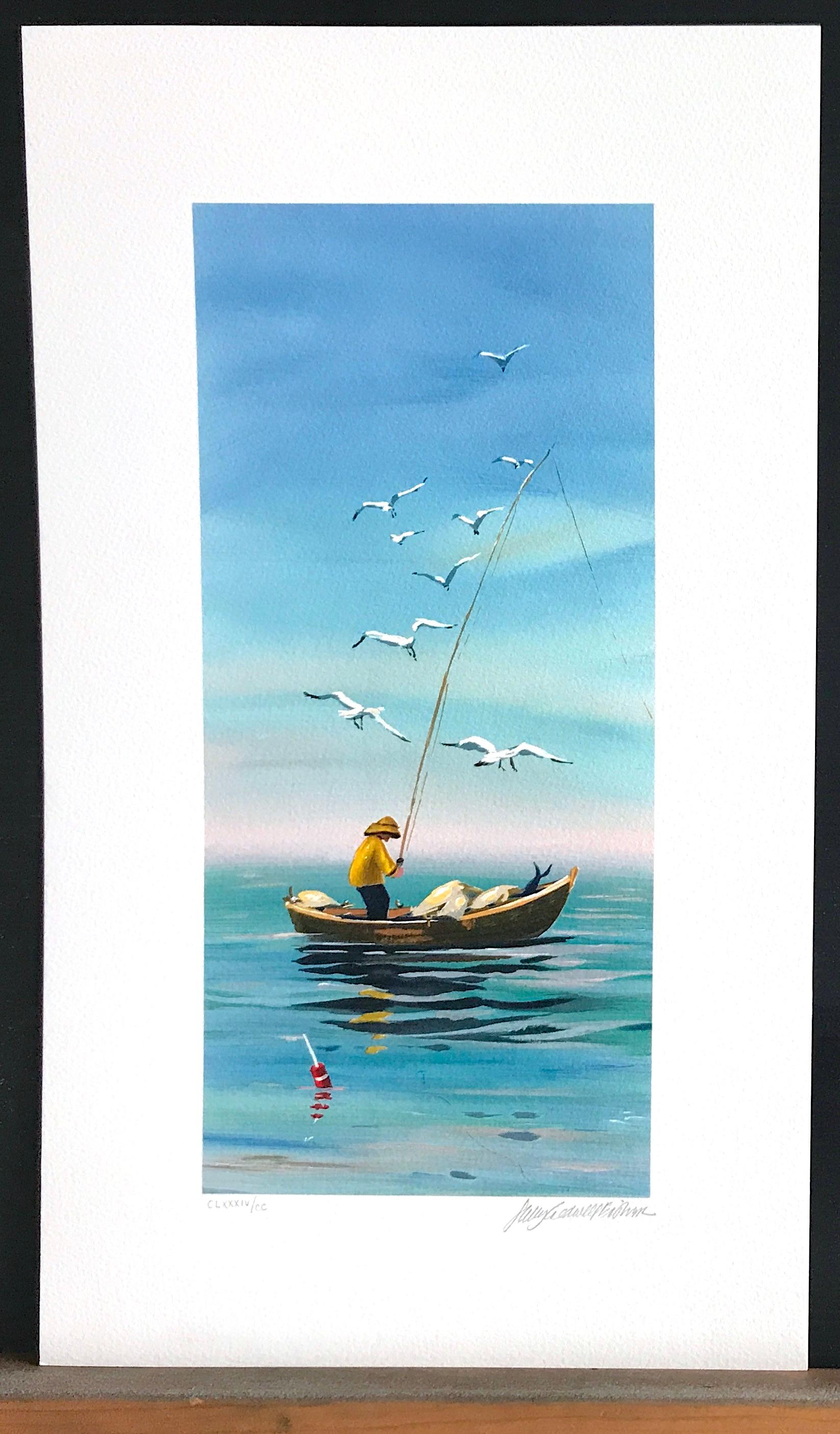 EARLY CATCH Signed Lithograph, New England Fisherman, Small Boat Print, Seagulls - Black Landscape Print by Sally Caldwell-Fisher