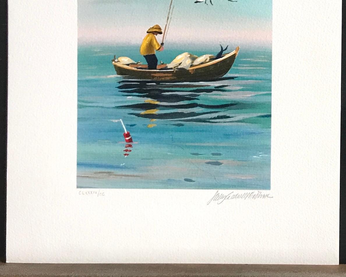 EARLY CATCH Litografía firmada, Pescador de Nueva Inglaterra, Impresión de barco pequeño, Gaviotas en venta 2
