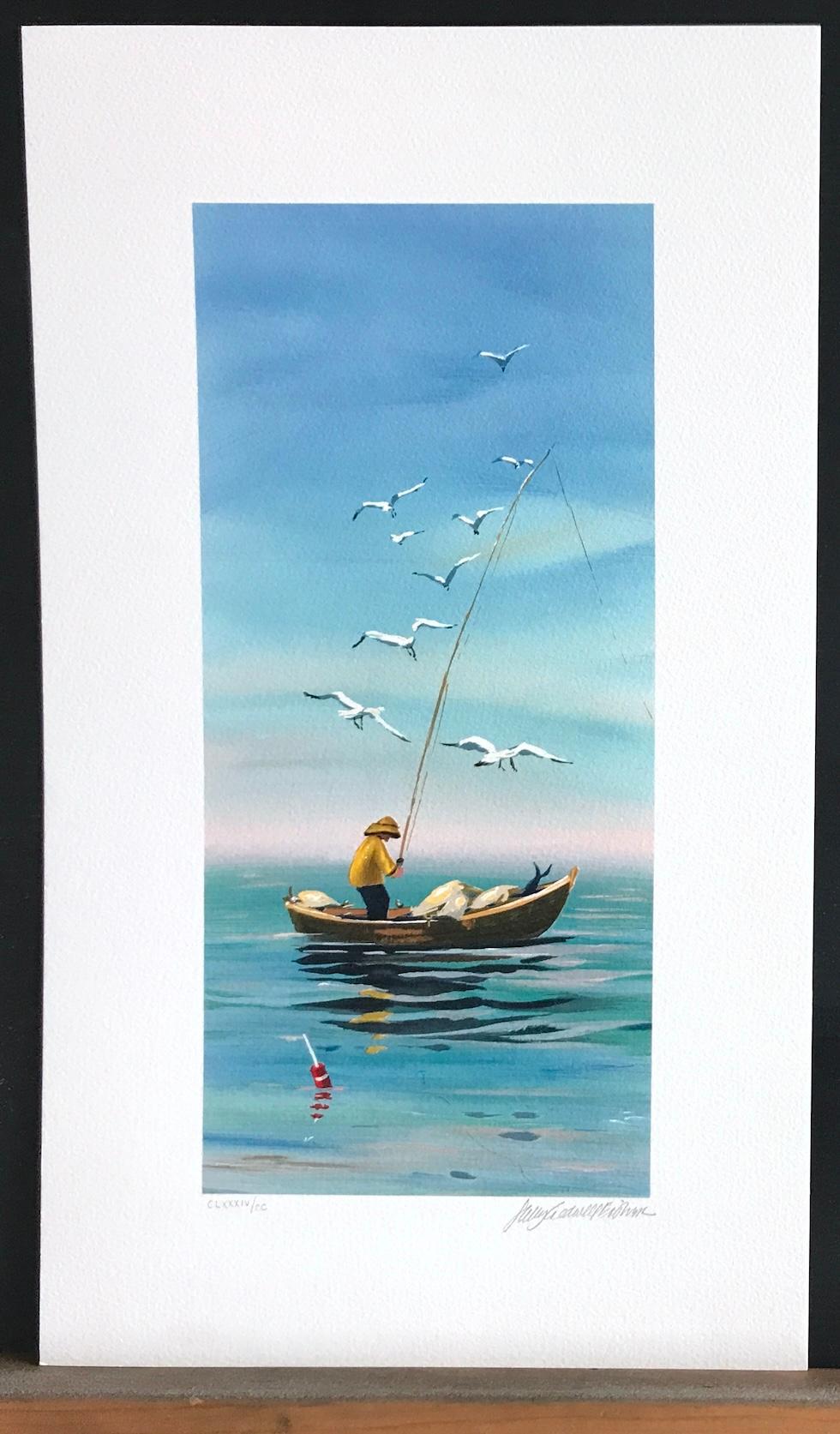 EARLY CATCH Litografía firmada, Pescador de Nueva Inglaterra, Impresión de barco pequeño, Gaviotas en venta 3
