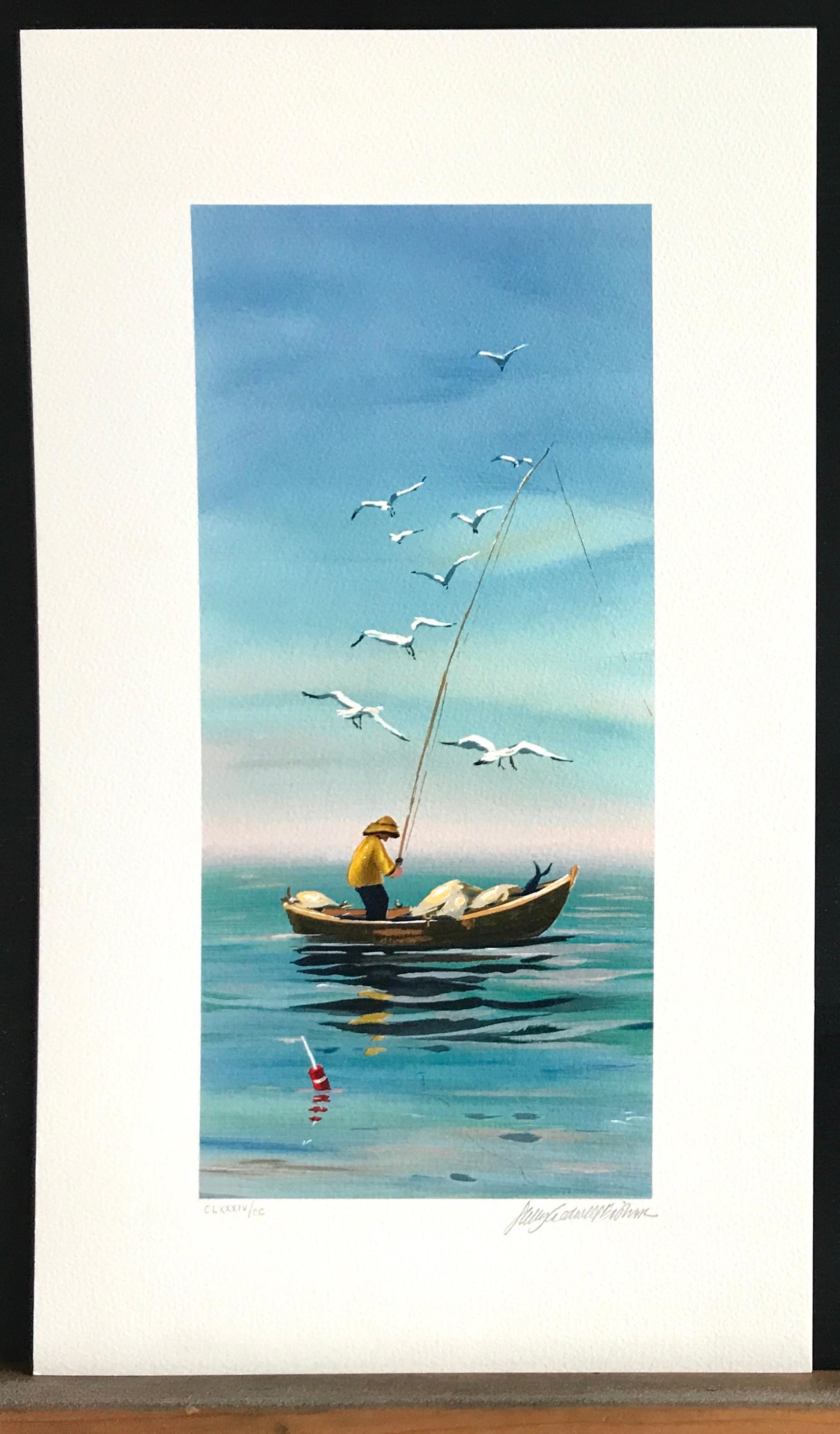 EARLY CATCH Signed Lithograph, New England Fisherman, Small Boat Print, Seagulls For Sale 2