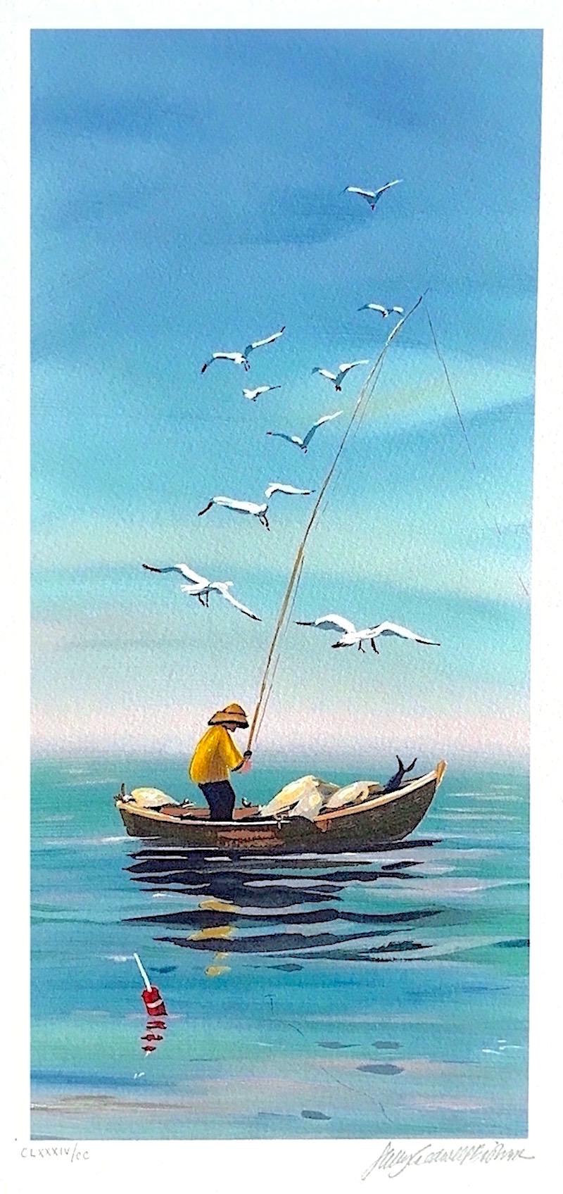 Lithographie signée EARLY CATCH, pêcheur de Nouvelle-Angleterre, gravure de petits bateaux, mouettes - Print de Sally Caldwell-Fisher