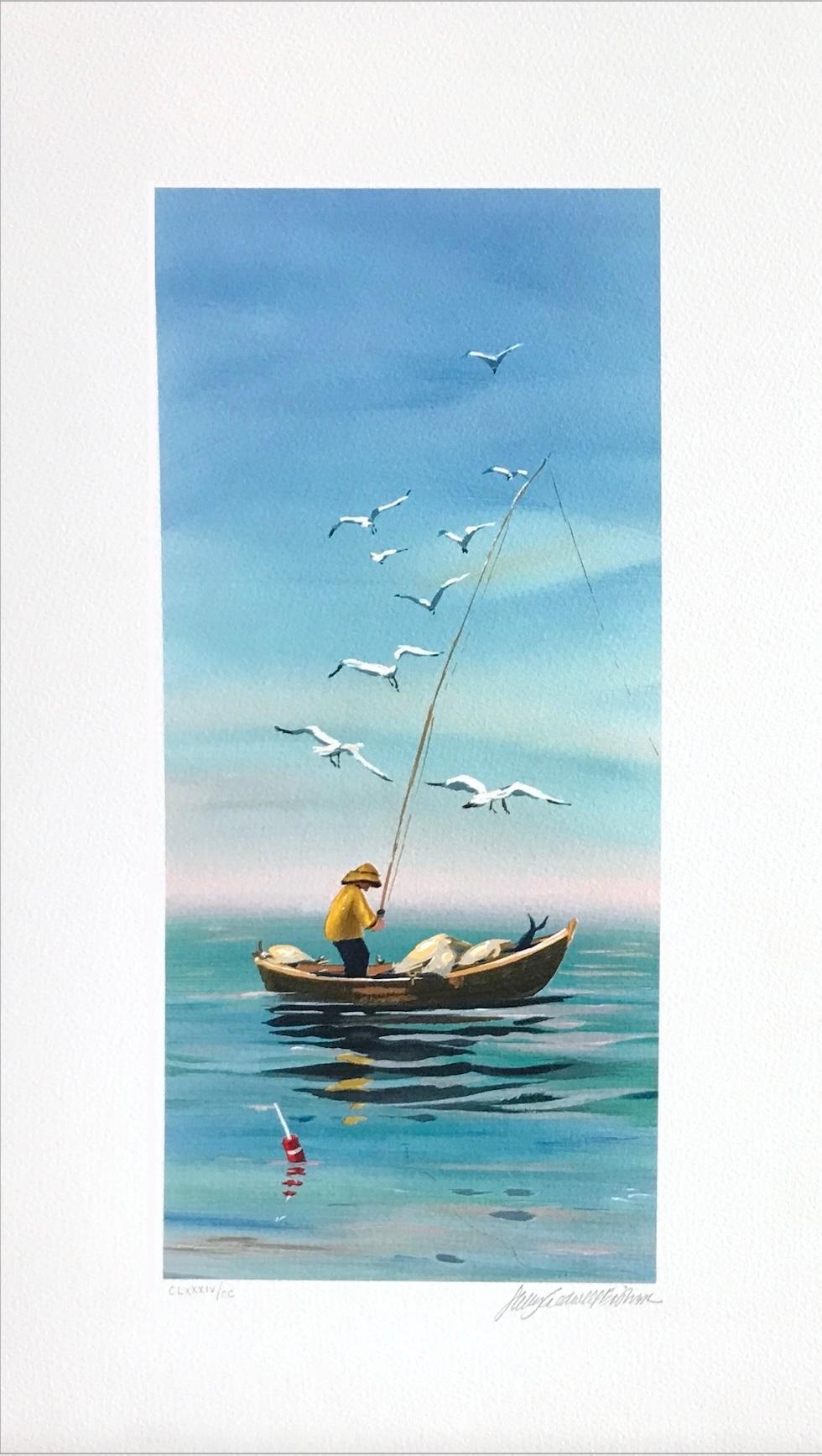 Landscape Print de Sally Caldwell-Fisher - EARLY CATCH Litografía firmada, Pescador de Nueva Inglaterra, Impresión de barco pequeño, Gaviotas