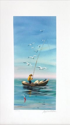Vintage EARLY CATCH Signed Lithograph, New England Fisherman, Small Boat Print, Seagulls