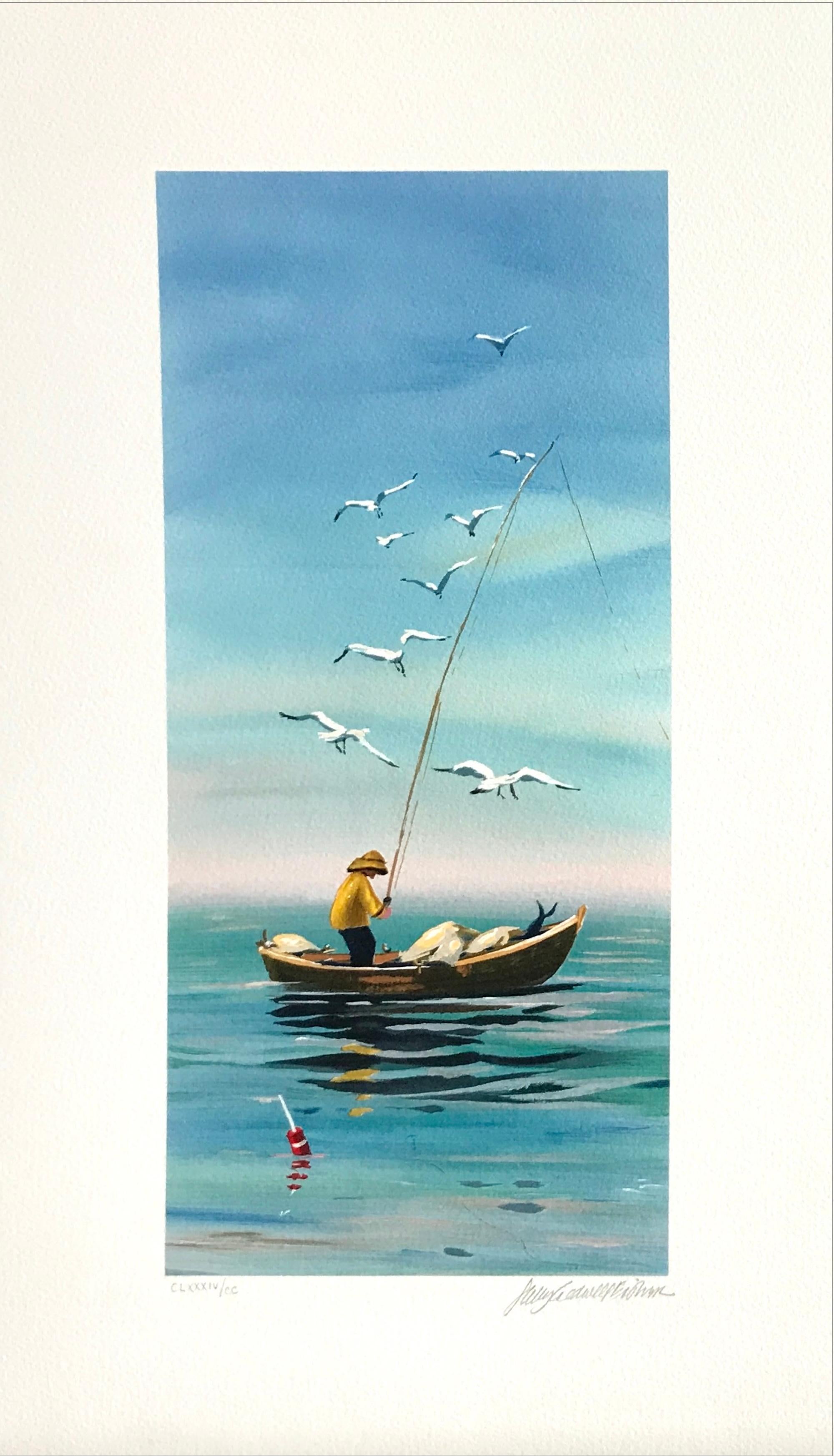 Sally Caldwell-Fisher Landscape Print - EARLY CATCH Signed Lithograph, New England Fisherman, Small Boat Print, Seagulls