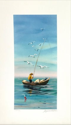 EARLY CATCH Signed Lithograph, New England Fisherman, Small Boat Print, Seagulls