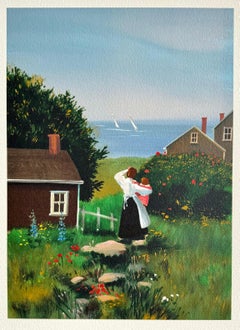 FARAWAY SAILS Lithograph on Arches, Mother and Child, New England Summer House