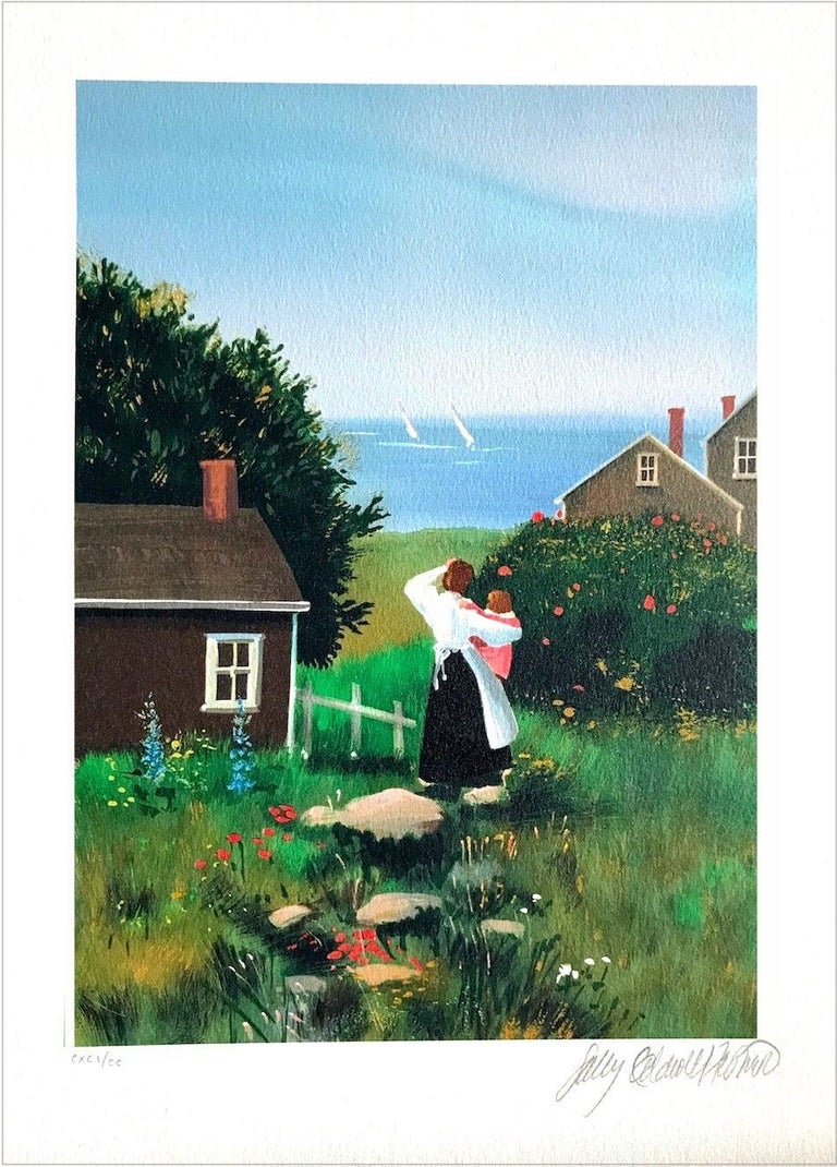 FARAWAY SAILS is an original hand drawn lithograph by the American woman artist Sally Caldwell-Fisher, printed using hand lithography techniques on archival Arches paper 100% acid free. FARAWAY SAILS depicts a scenic New England summer house