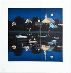 Midsummers Eve, Signed Lithograph, Rural American Town, Country Lake Boating