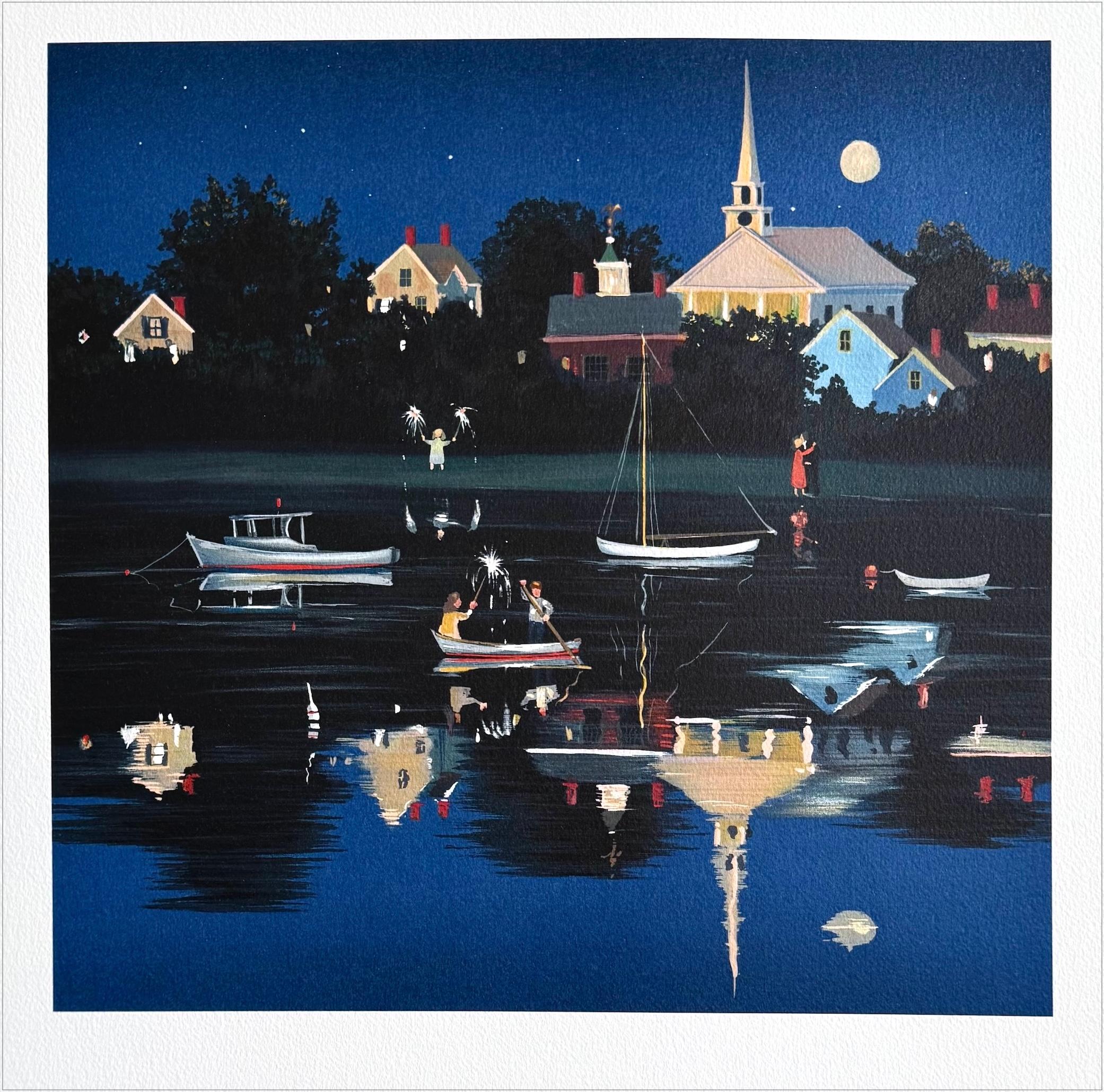 Midsummers Eve, Signed Lithograph, Rural American Town, Country Lake Boating
