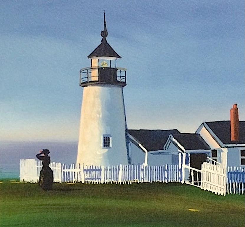 PEMAQUID LIGHT Litografia firmata, Paesaggio storico di un faro, New England - Figurative Print Grigio di Sally Caldwell-Fisher