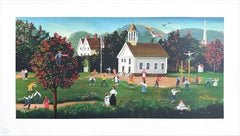 RECESS Lithograph on Arches, New England Schoolhouse, Children Playing