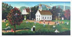 RECESS Lithograph on Arches, New England Schoolhouse, Children Playing