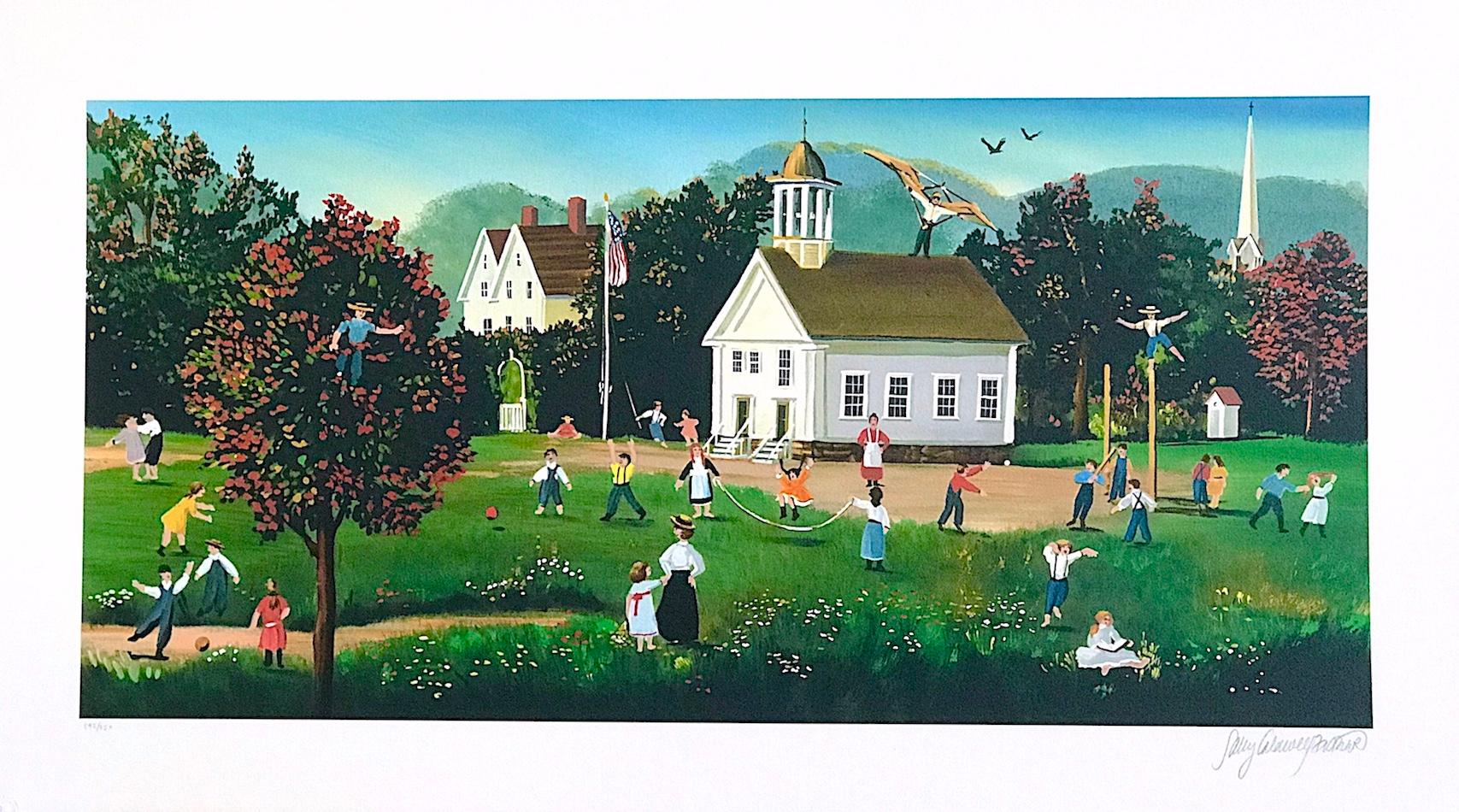 RECESS Signed Lithograph, New England Schoolhouse, Children, Teacher, Playground - Print by Sally Caldwell-Fisher