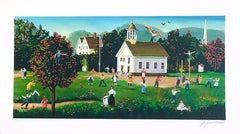 RECESS Signed Lithograph, New England Schoolhouse, Children, Teacher, Playground