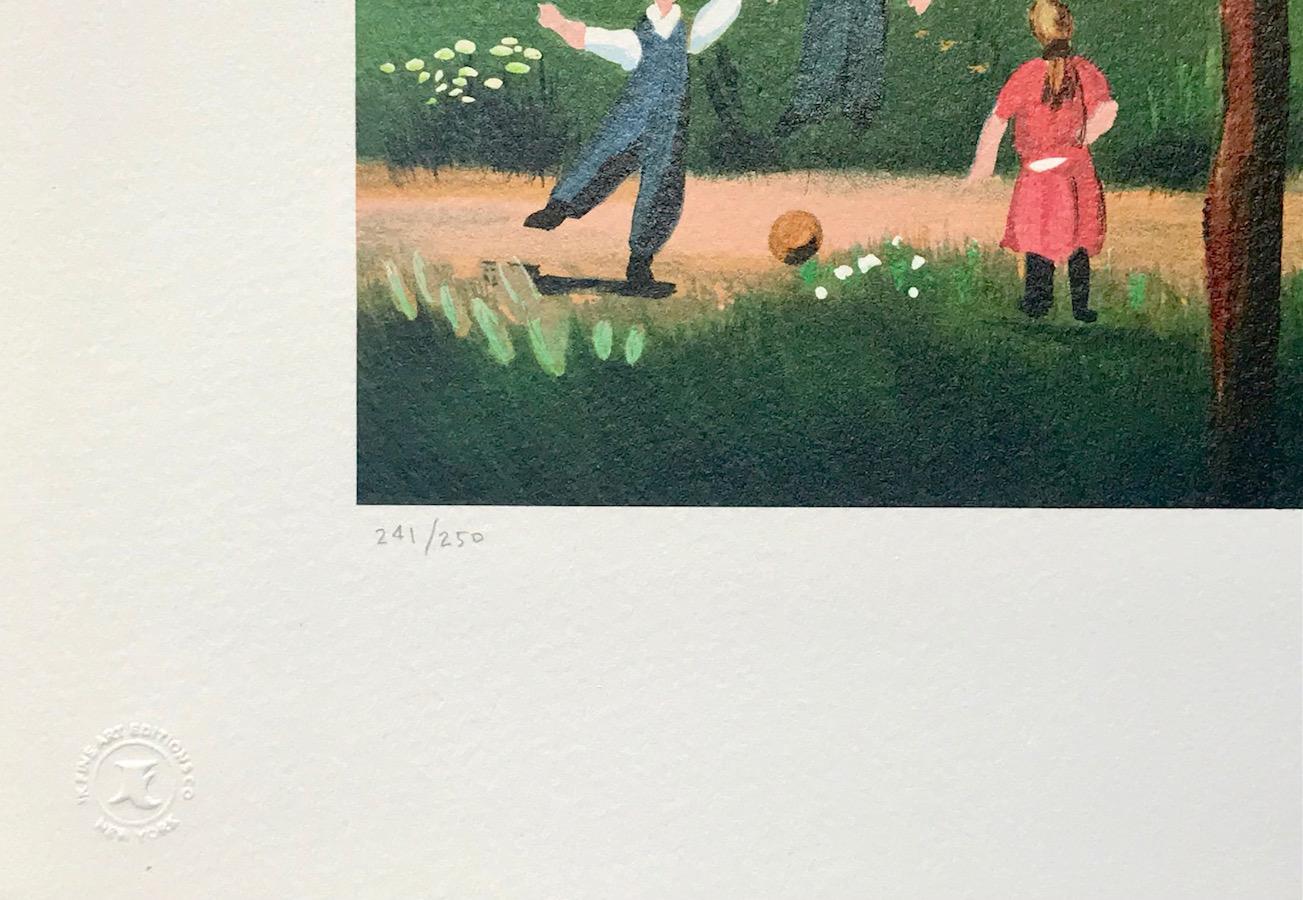 RECESS Signed Lithograph, New England Schoolhouse, Children, Teacher, Playground - Contemporary Print by Sally Caldwell-Fisher
