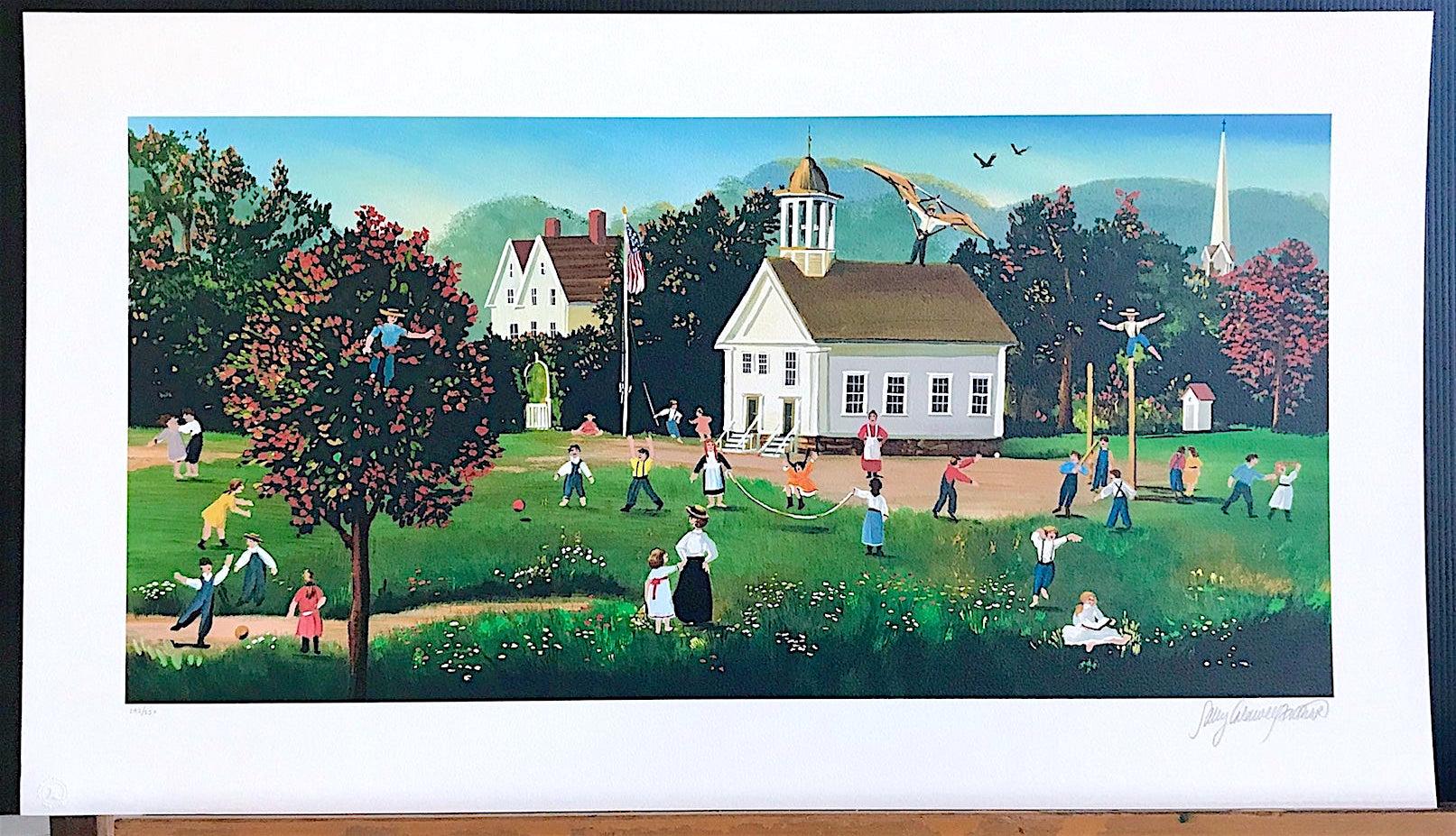 RECESS is an original hand drawn lithograph printed using hand lithography techniques on archival Arches paper 100% acid free. RECESS portrays a nostalgic look back at New England life - a colorful country landscape featuring a white school house