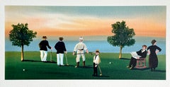 RUSTICATORS AT THE CLOS OF DAY Lithographie sur arches, golfeurs, coucher de soleil en Nouvelle-Angleterre