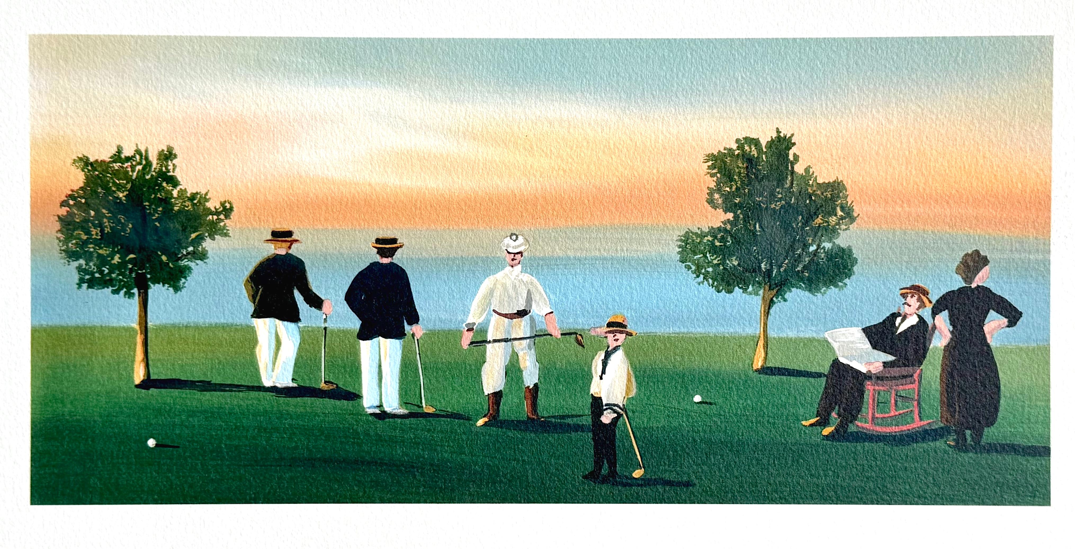RUSTICATORS AT THE CLOS OF DAY Lithographie sur arches, golfeurs, coucher de soleil en Nouvelle-Angleterre